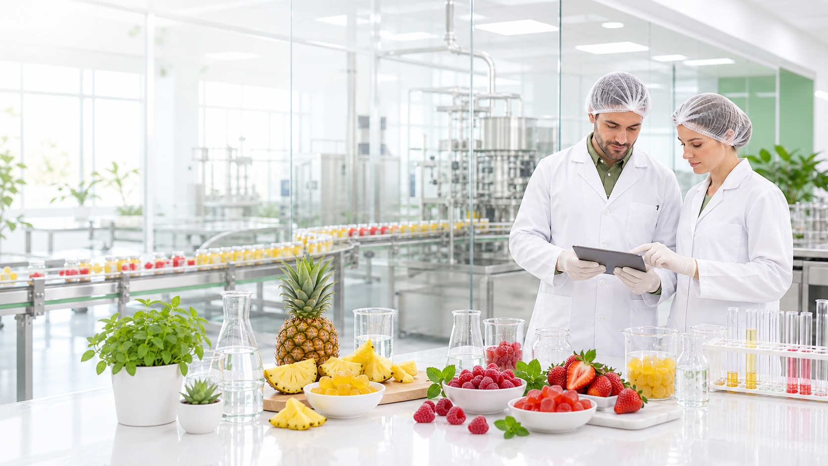 Illustrative supplement laboratory with pineapple, raspberry and strawberry gummy samples